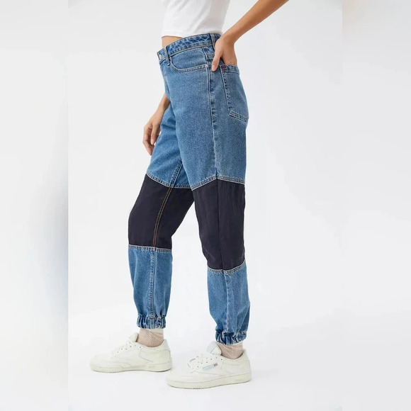 Urban Outfitters BDG Byron Spliced Denim Joggers, Color Blue/Black Size 24 - Picture 2 of 15